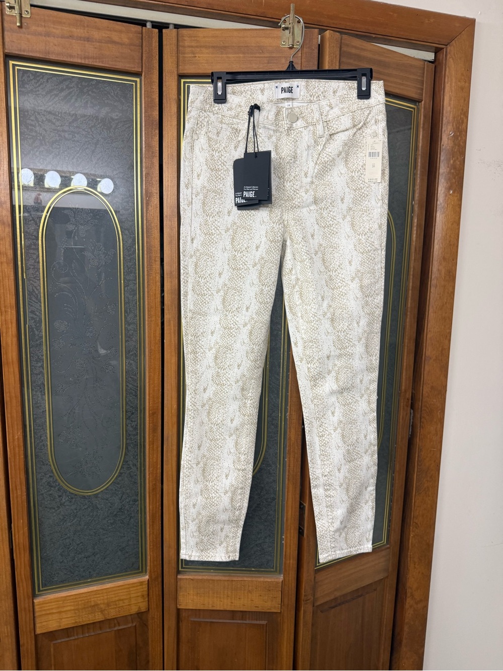 PAIGE LADIES Snake-Print Skinny Jeans in Cream, BRAND NEW